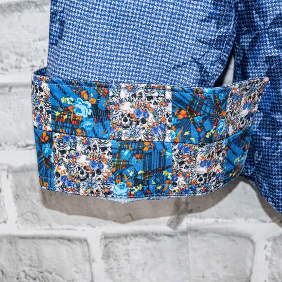 Robert Graham Men's Blue Floral embroidered Skull flip cuffs Button up Shirt L - Picture 3 of 9